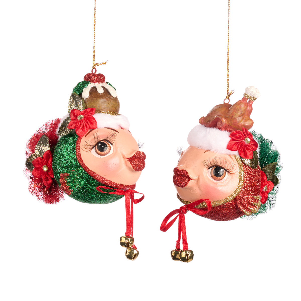 Set 2 ornamente pești-balon de Crăciun, roșu/verde, 10 cm