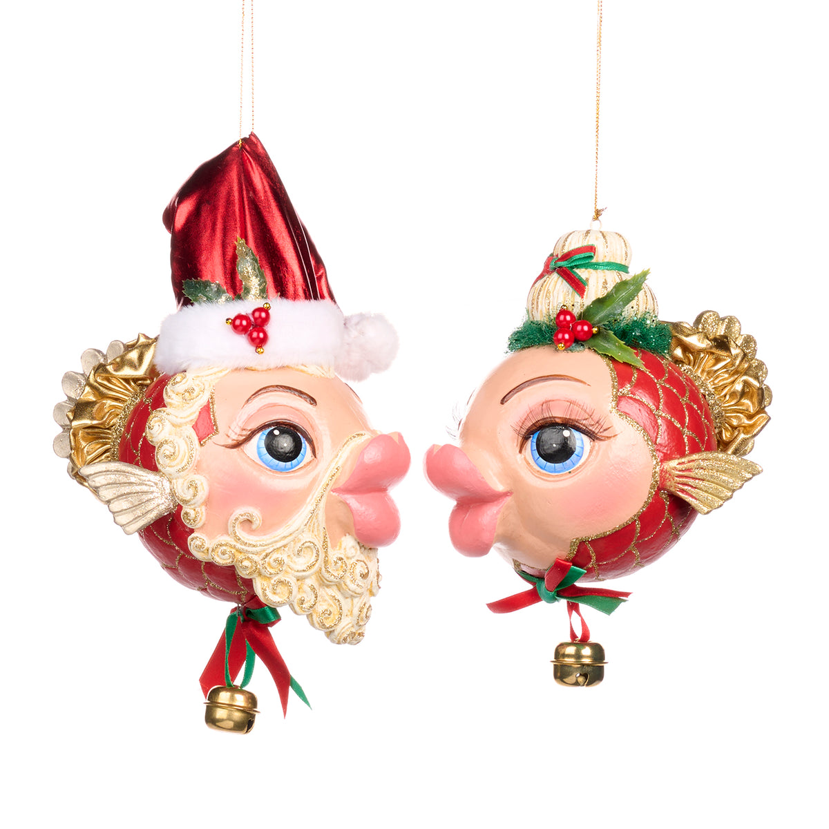 Set 2 ornamente pești-balon mari, Moș Crăciun și Crăciunița, roșu, 16,5 cm