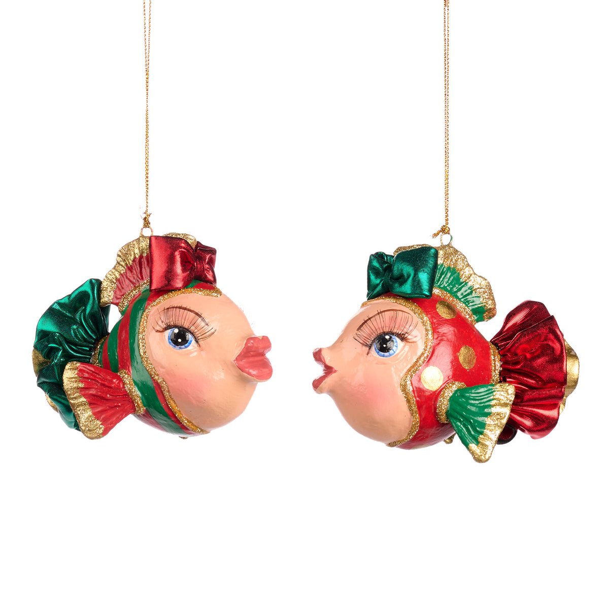 Set 2 ornamente pești cu buline și dungi, roșu/verde, 11 cm
