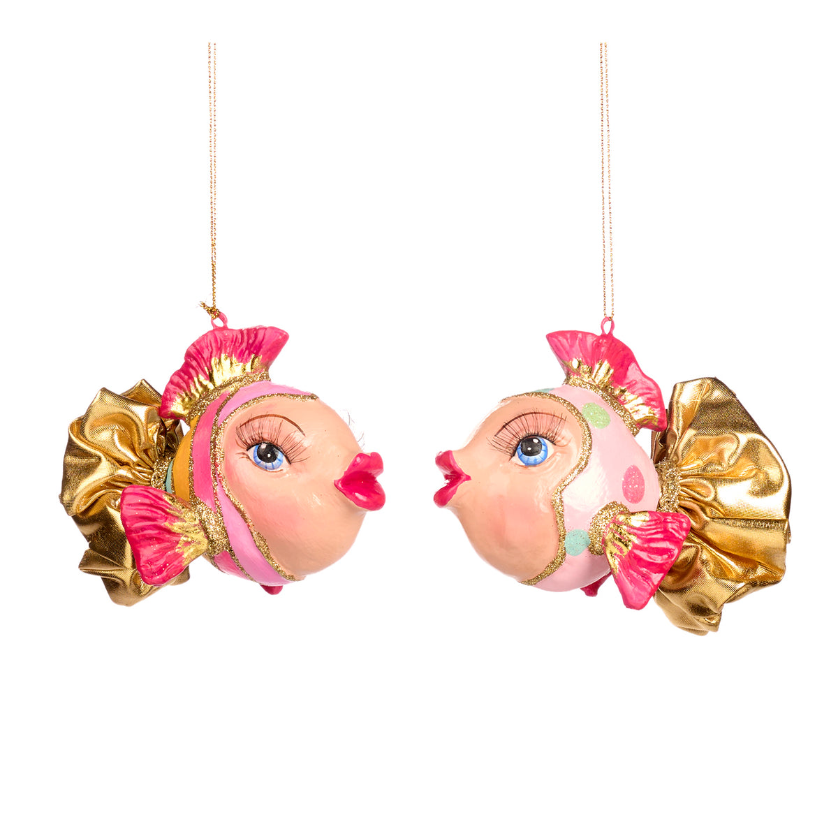 Set 2 ornamente pești cu buline și dungi, roz, 11 cm