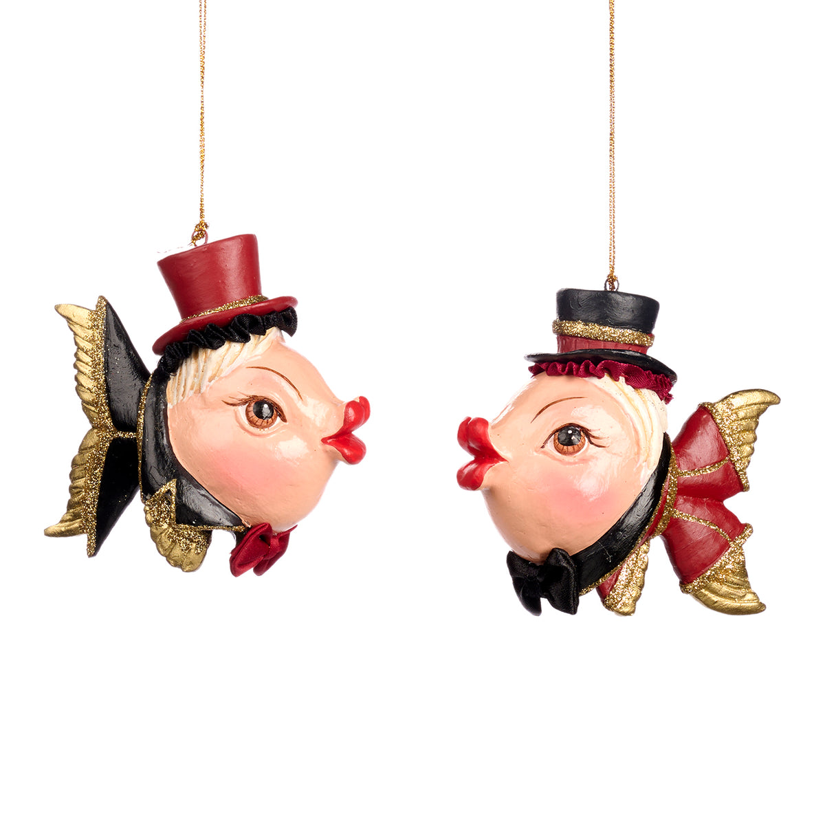 Set 2 ornamente pești gentlemani, negru/roșu, 11 cm