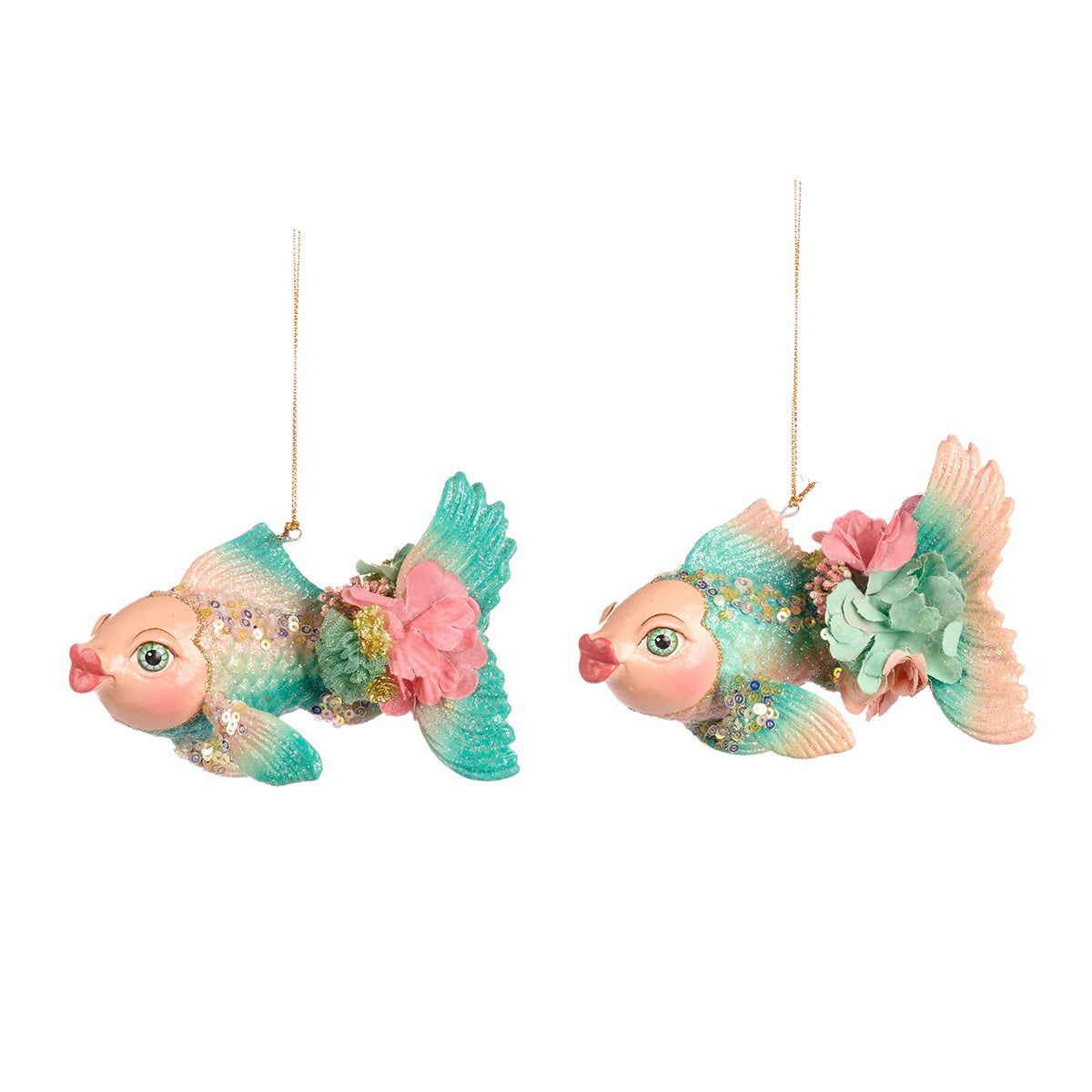Set 2 ornamente pești koi, verde/roz, 13 cm