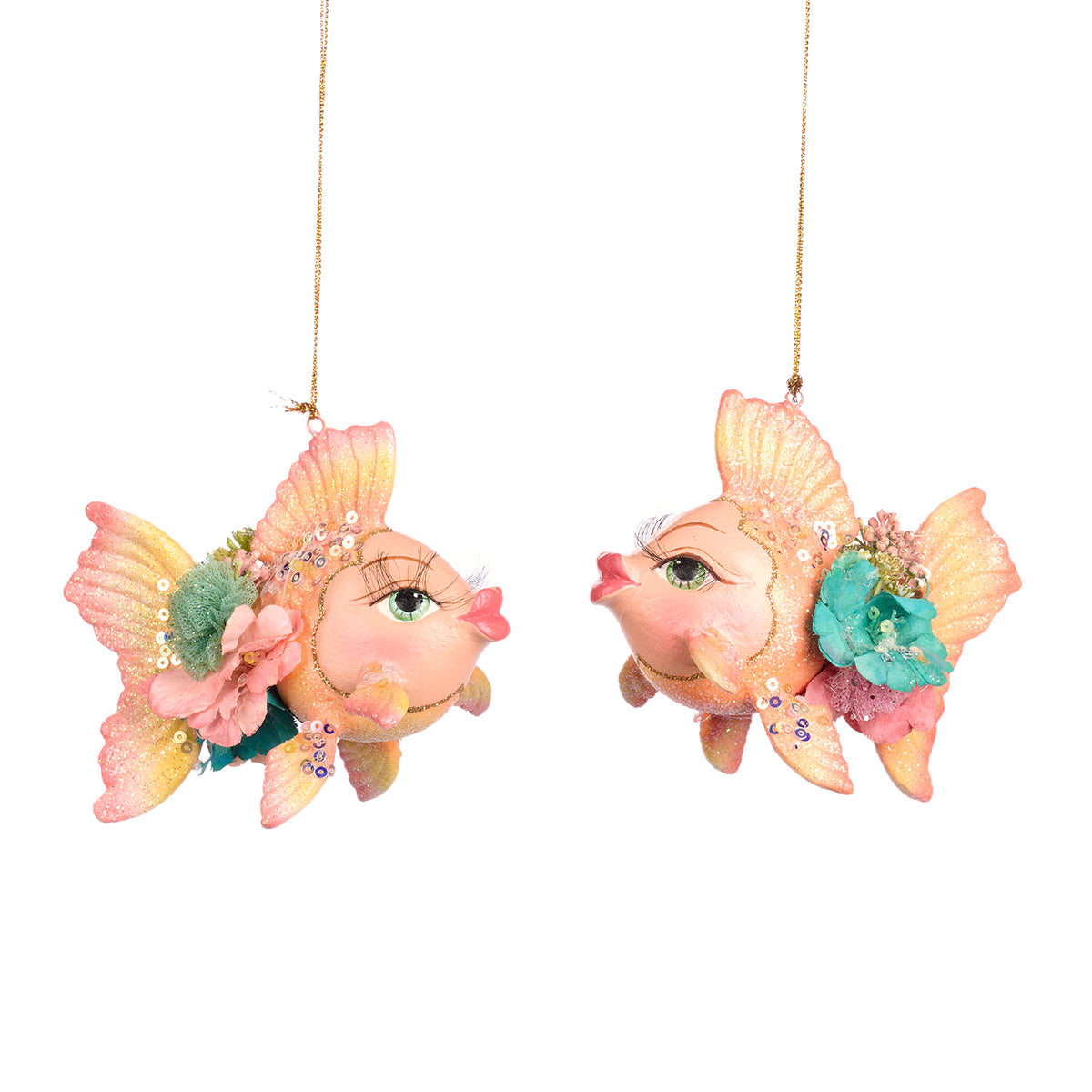 Set 2 ornamente peștișori aurii, verde/roz, 12 cm
