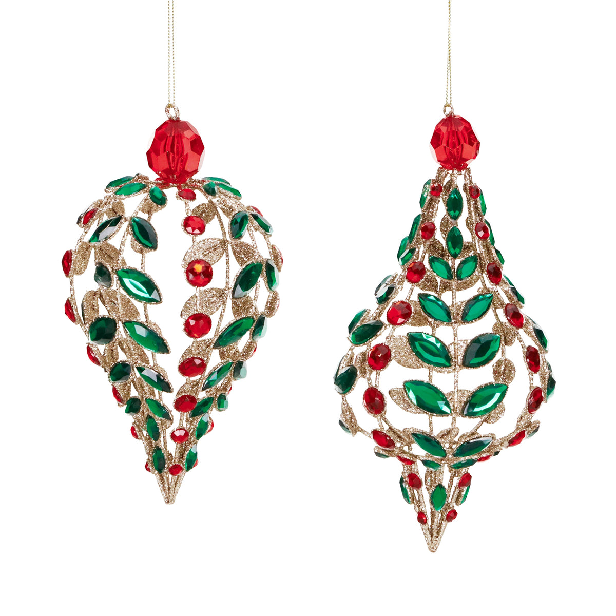 Set 2 ornamente picătură deschisă din metal cu pietre, verde/roșu, 19 cm