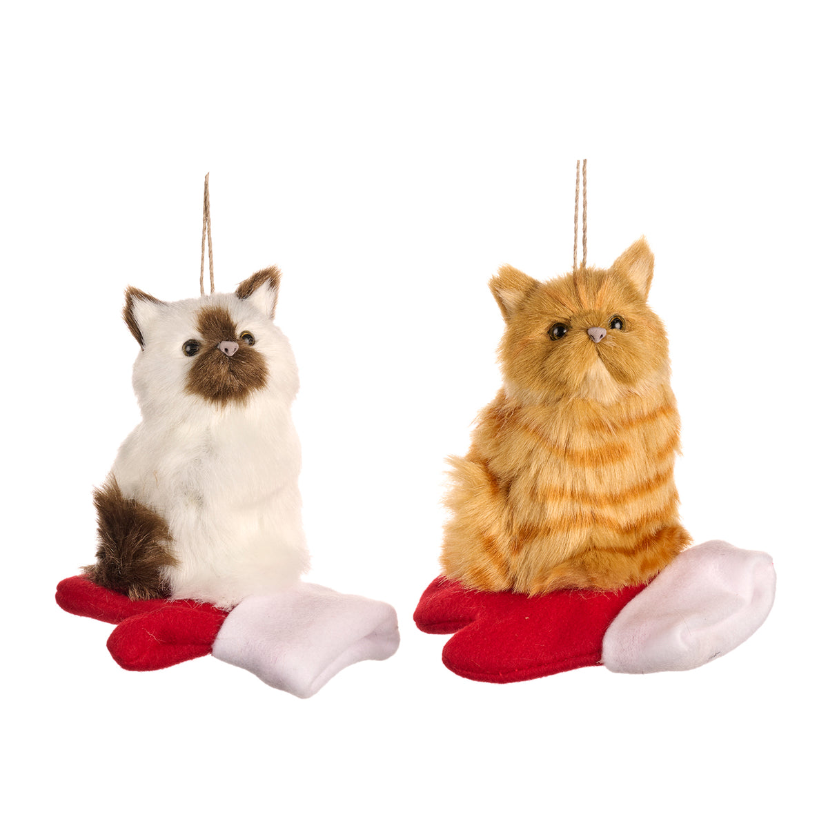 Set 2 ornamente pisici din blăniță pe mănușă, portocaliu/alb/roșu, 13 cm