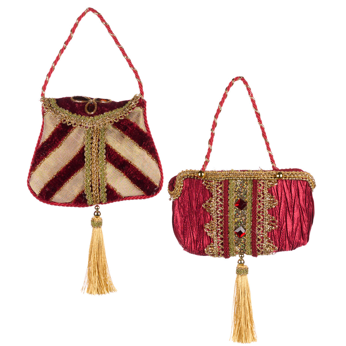 Set 2 ornamente poșete în stil Art Deco din textil, burgund/auriu, 30 cm