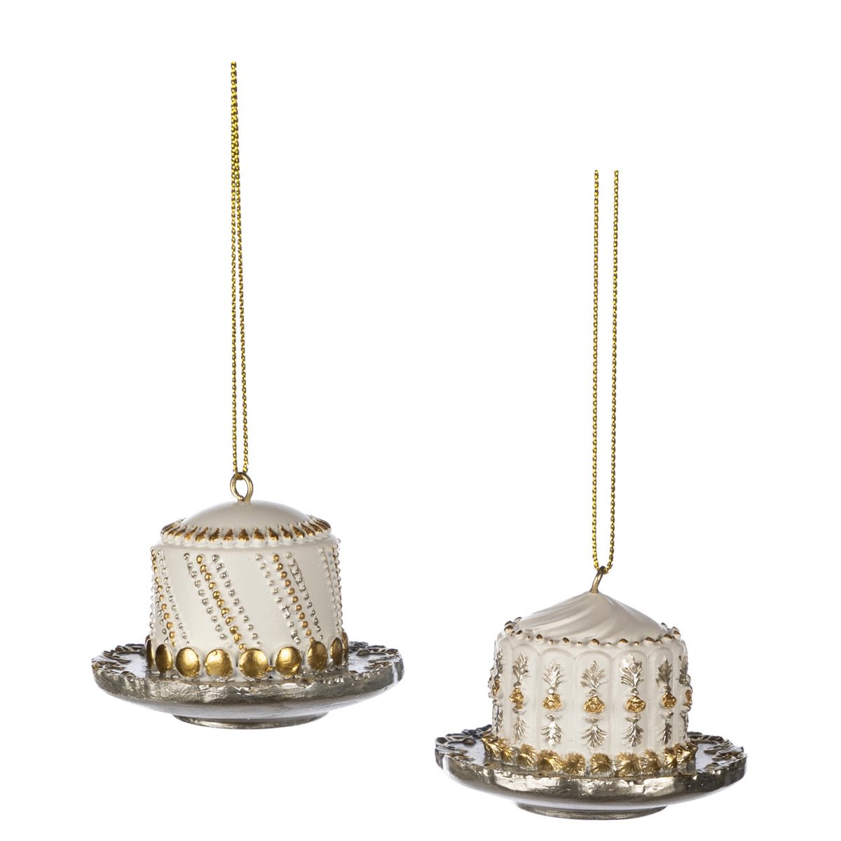 Set 2 ornamente prăjitură elegantă pe farfurie, crem/auriu, 6 cm