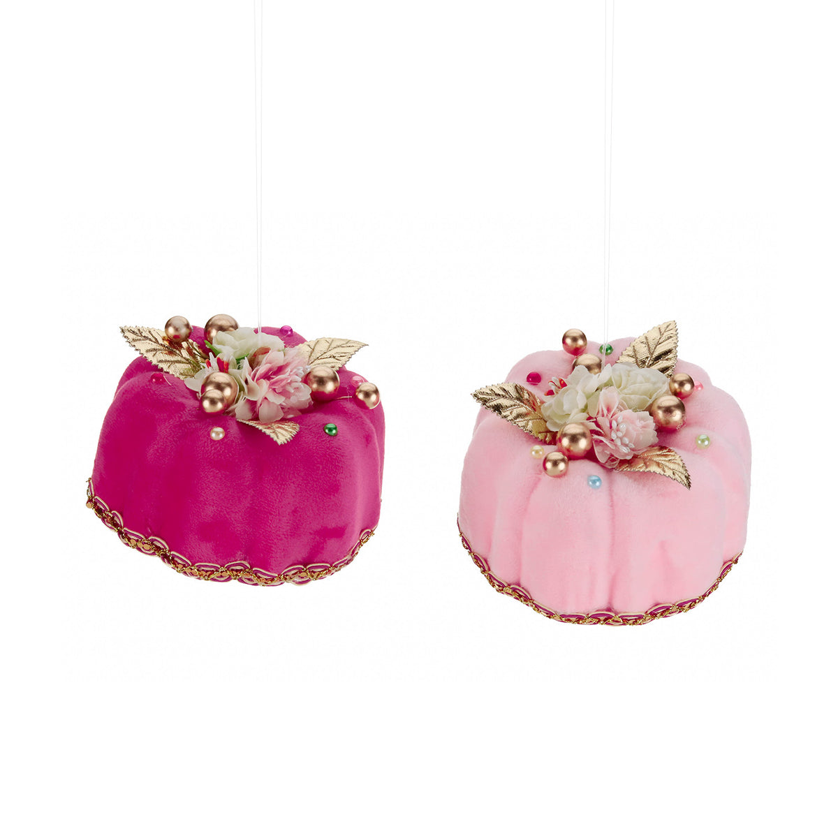 Set 2 ornamente prăjituri florale din textil, roz/auriu, 12 cm
