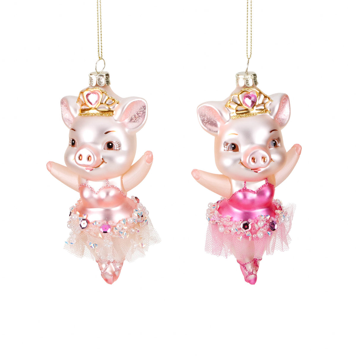 Set 2 ornamente purcelușe balerine din sticlă, roz, 13,5 cm