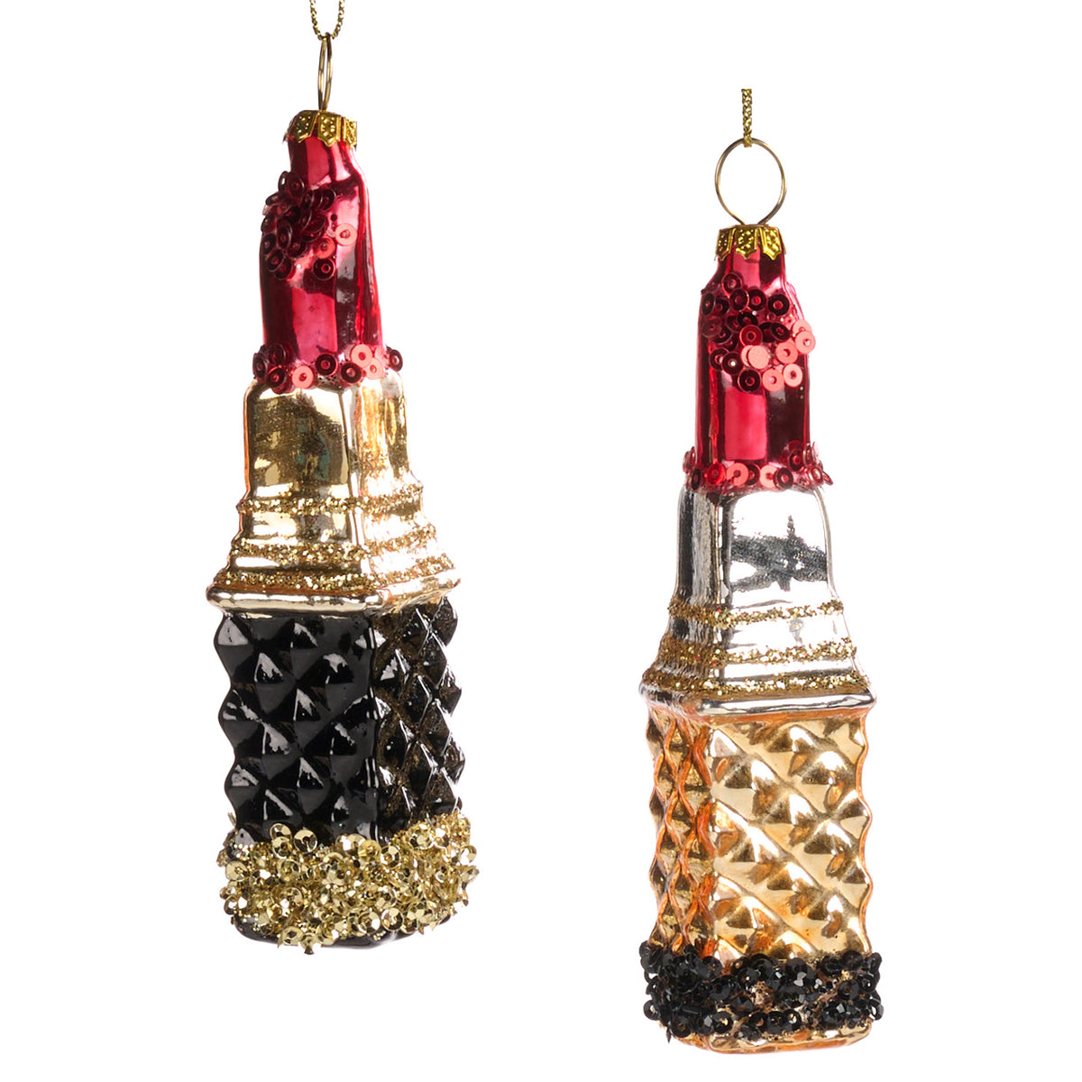 Set 2 ornamente ruj din sticlă cu paiete, auriu/roșu/negru, 12 cm