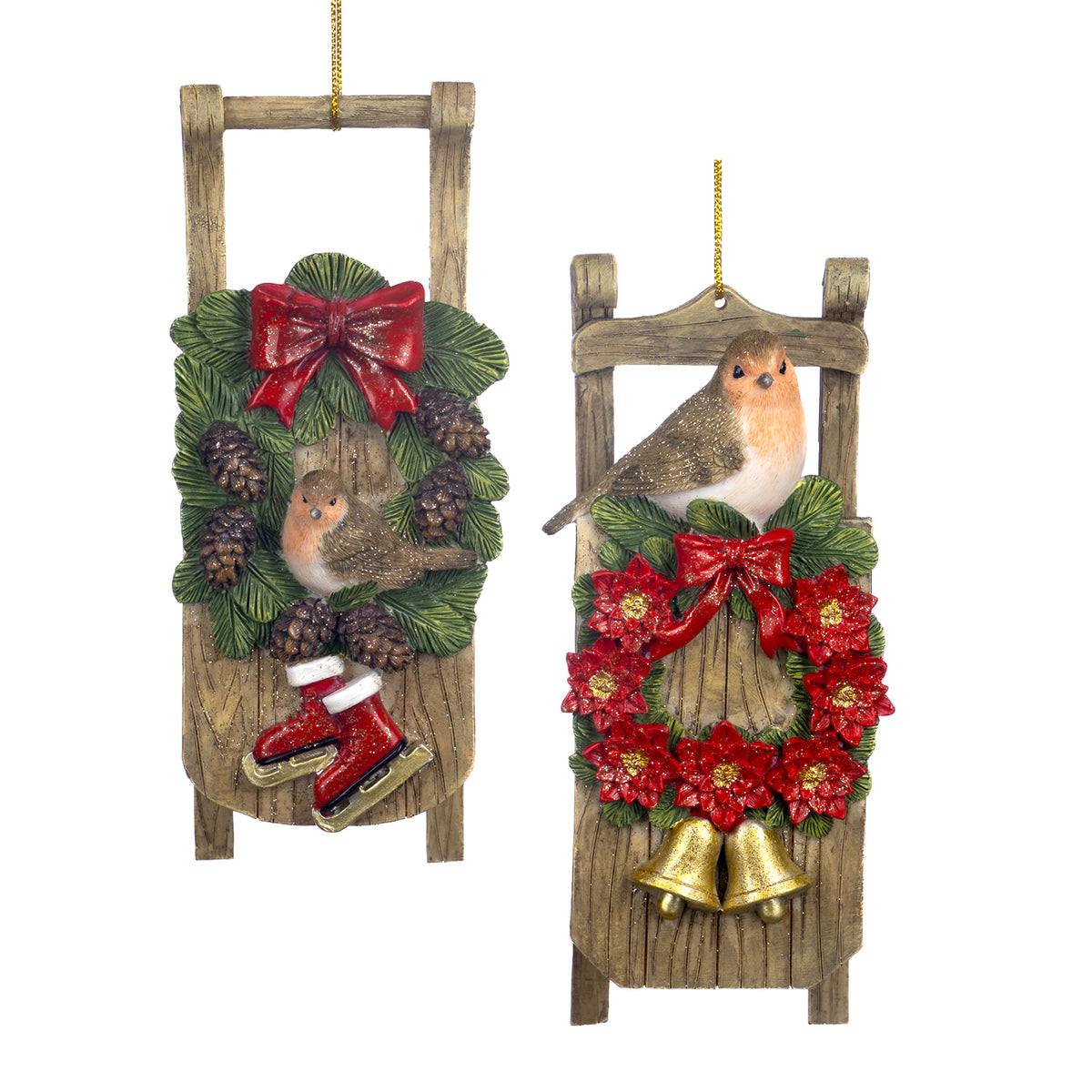 Set 2 ornamente sanie de Crăciun cu pasăre sau coroniță, roșu/maro, 20 cm