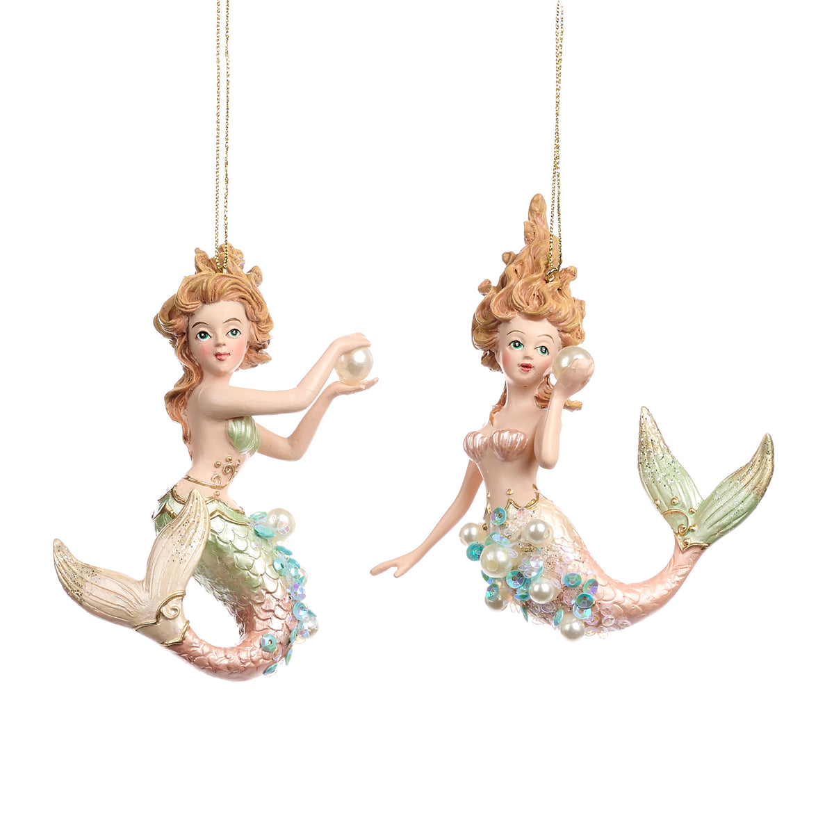 Set 2 ornamente sirene cu paiete și perle, roz/albastru/verde, 11 cm
