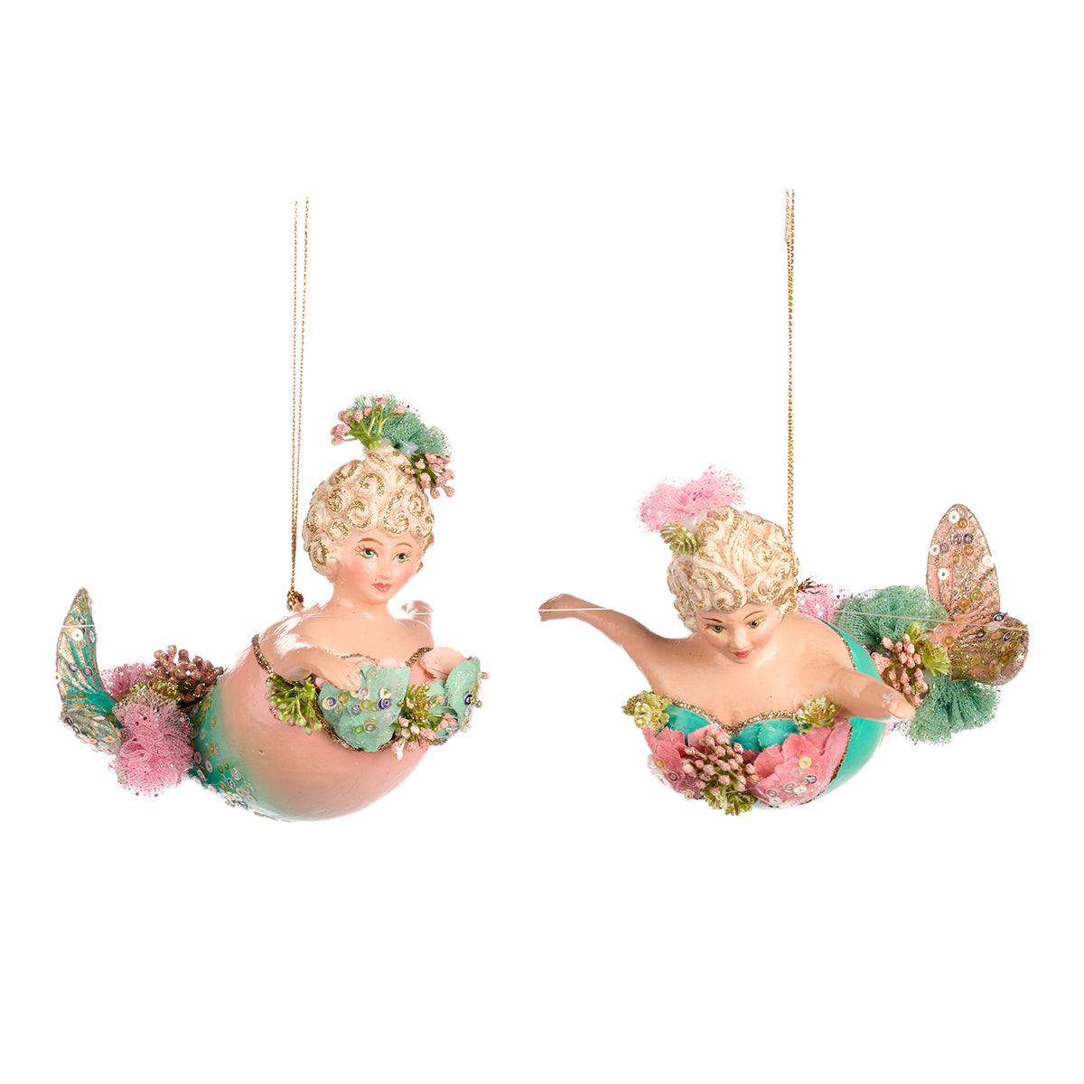 Set 2 ornamente sirene rotunjele, verde/roz, 12 cm