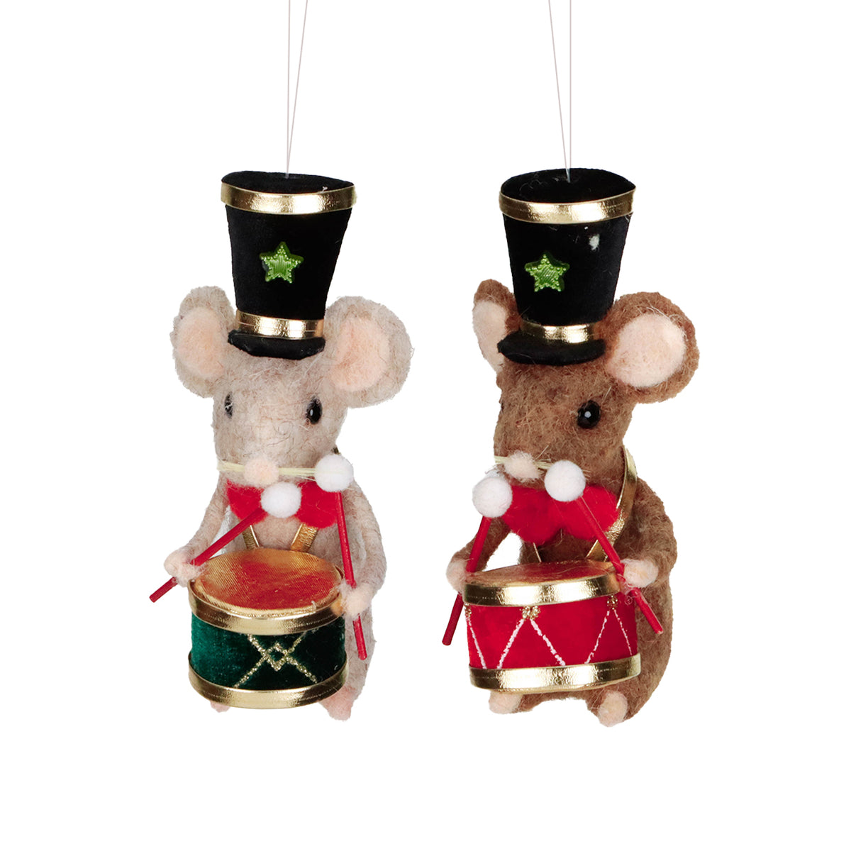 Set 2 ornamente șoareci muzicanți în stil spărgător de nuci, din textil, maro/roșu, 12,5 cm