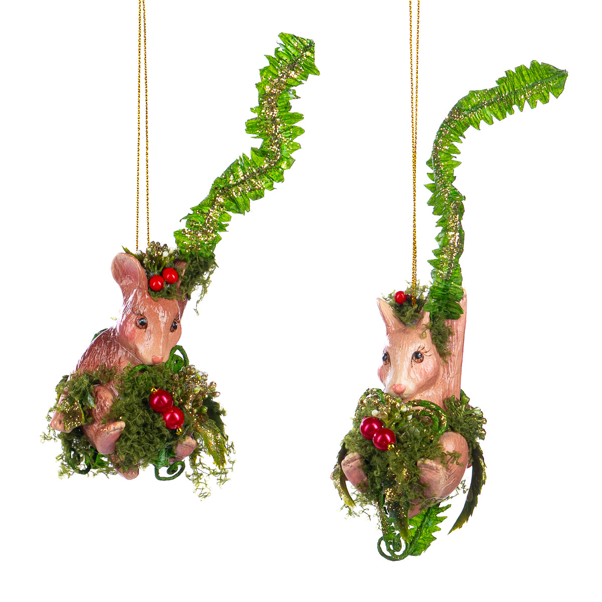 Set 2 ornamente șoricei cu ferigă, verde, 15 cm