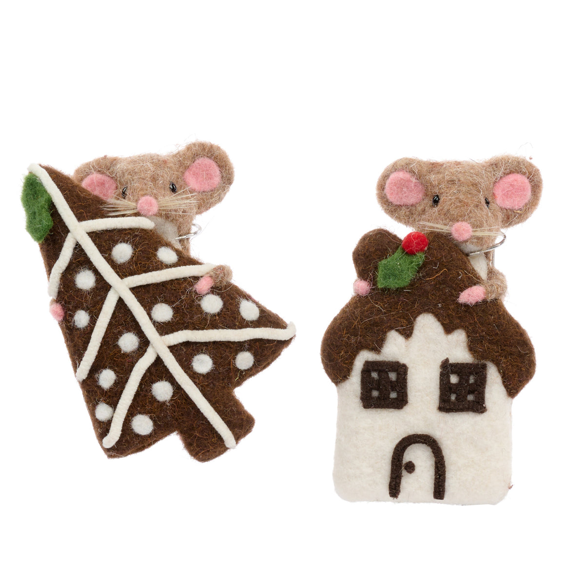Set 2 ornamente șoricei din turtă dulce, din fetru, maro, 14 cm