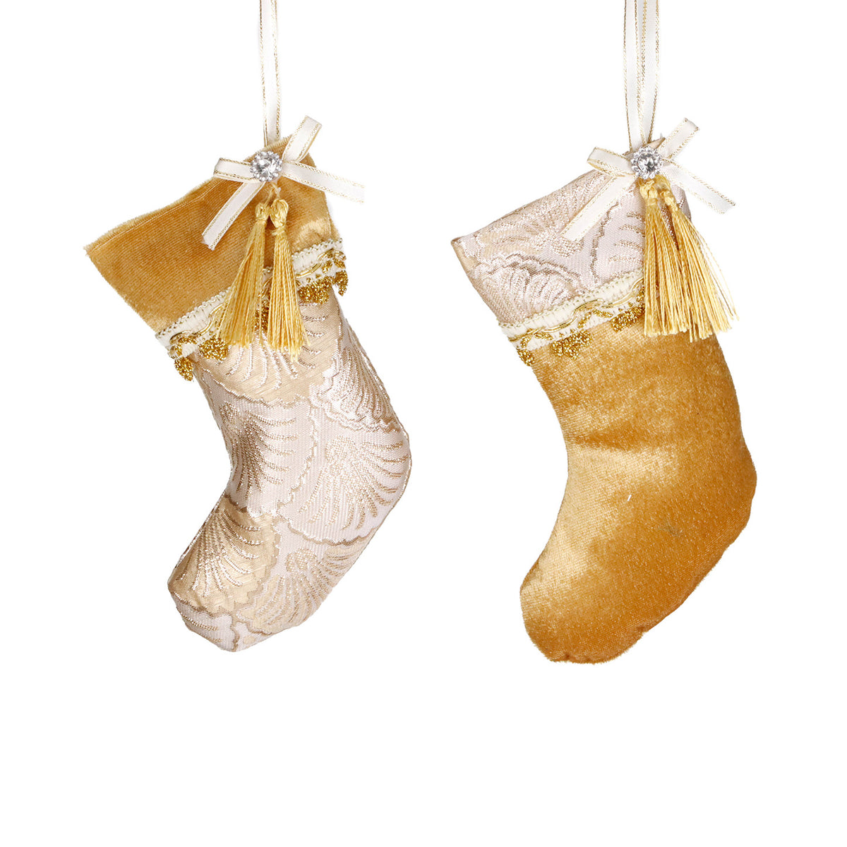 Set 2 ornamente șosete din textil cu margine festonată, auriu/crem, 18 cm