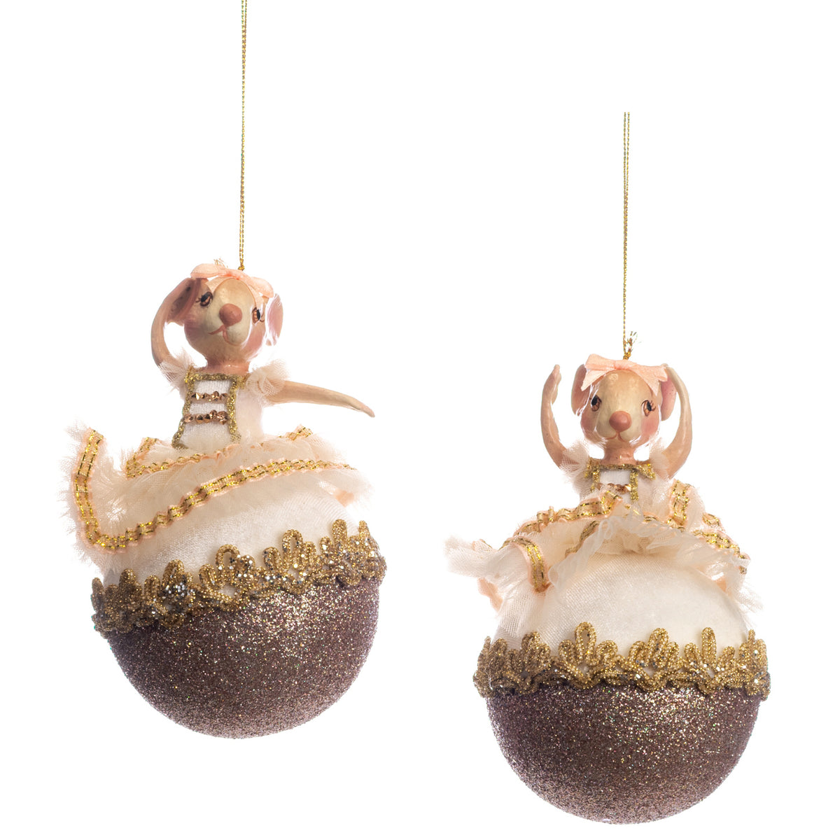 Set 2 ornamente spărgător de nuci balerină Bettina pe glob, crem/auriu, 15 cm