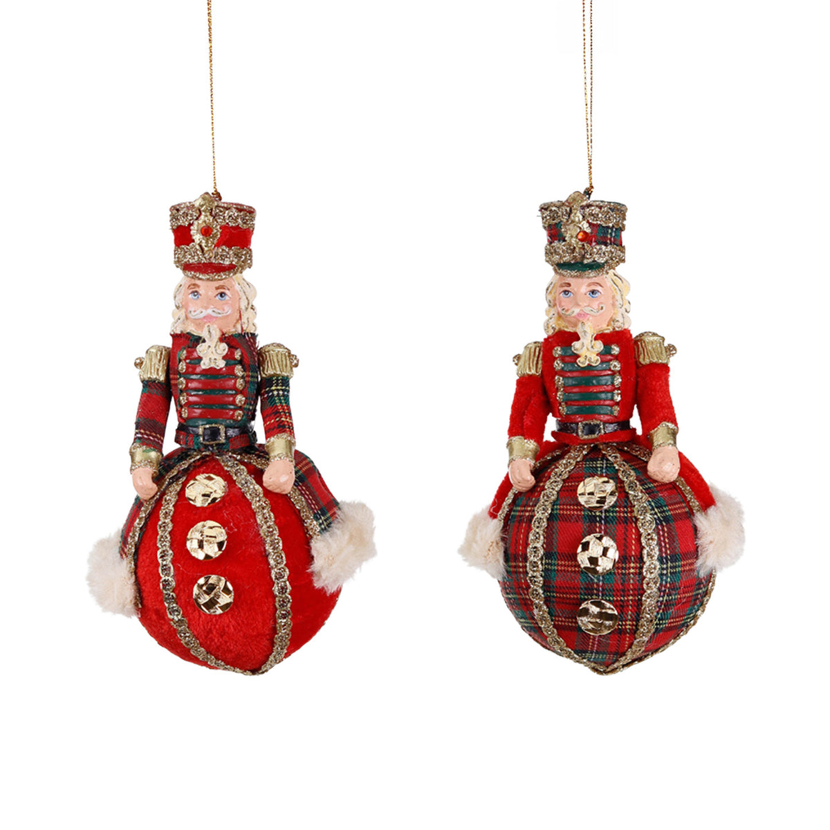 Set 2 ornamente spărgător de nuci pe glob, tartan, roșu/verde, 15 cm