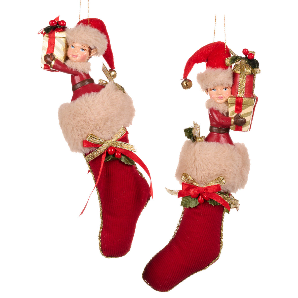 Set 2 ornamente spiriduș ajutor într-o șosetă de Crăciun, roșu, 23 cm