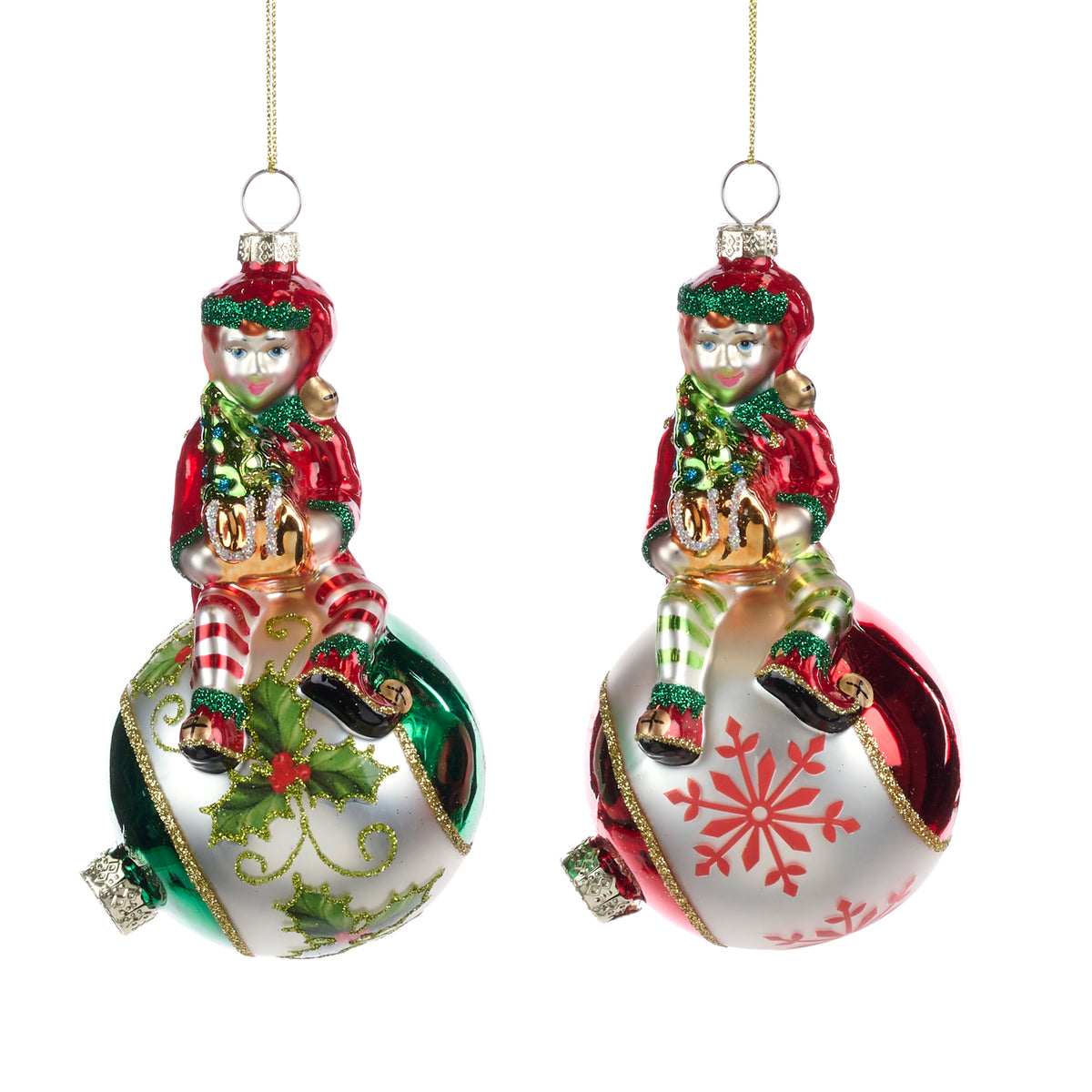 Set 2 ornamente spiriduși ajutori pe glob de Crăciun, din sticlă, alb/roșu, 14 cm