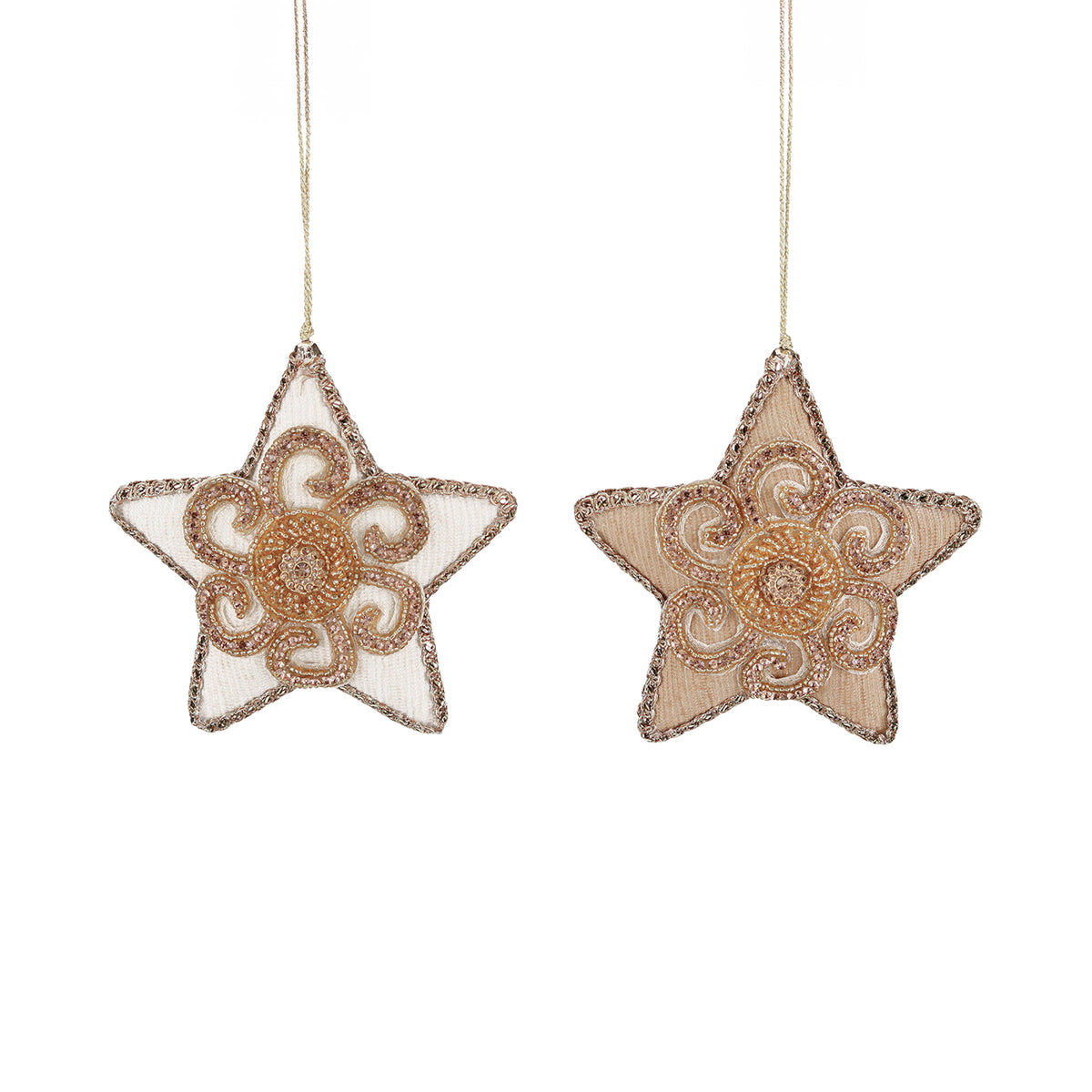 Set 2 ornamente stele din textil, cu pietre și mărgele, crem/auriu, 5 cm