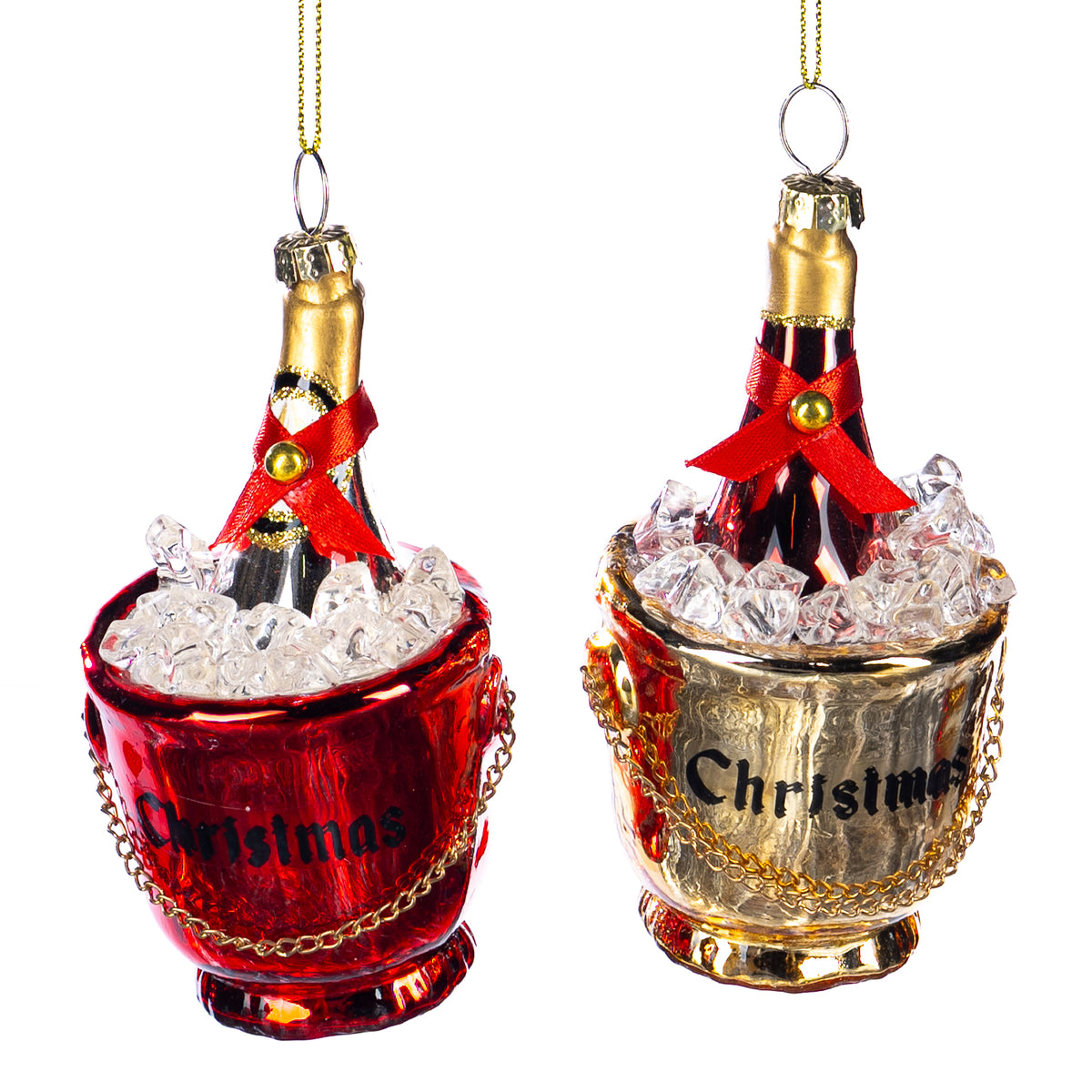 Set 2 ornamente sticle de Crăciun în găleată, din sticlă, roșu/auriu, 11 cm