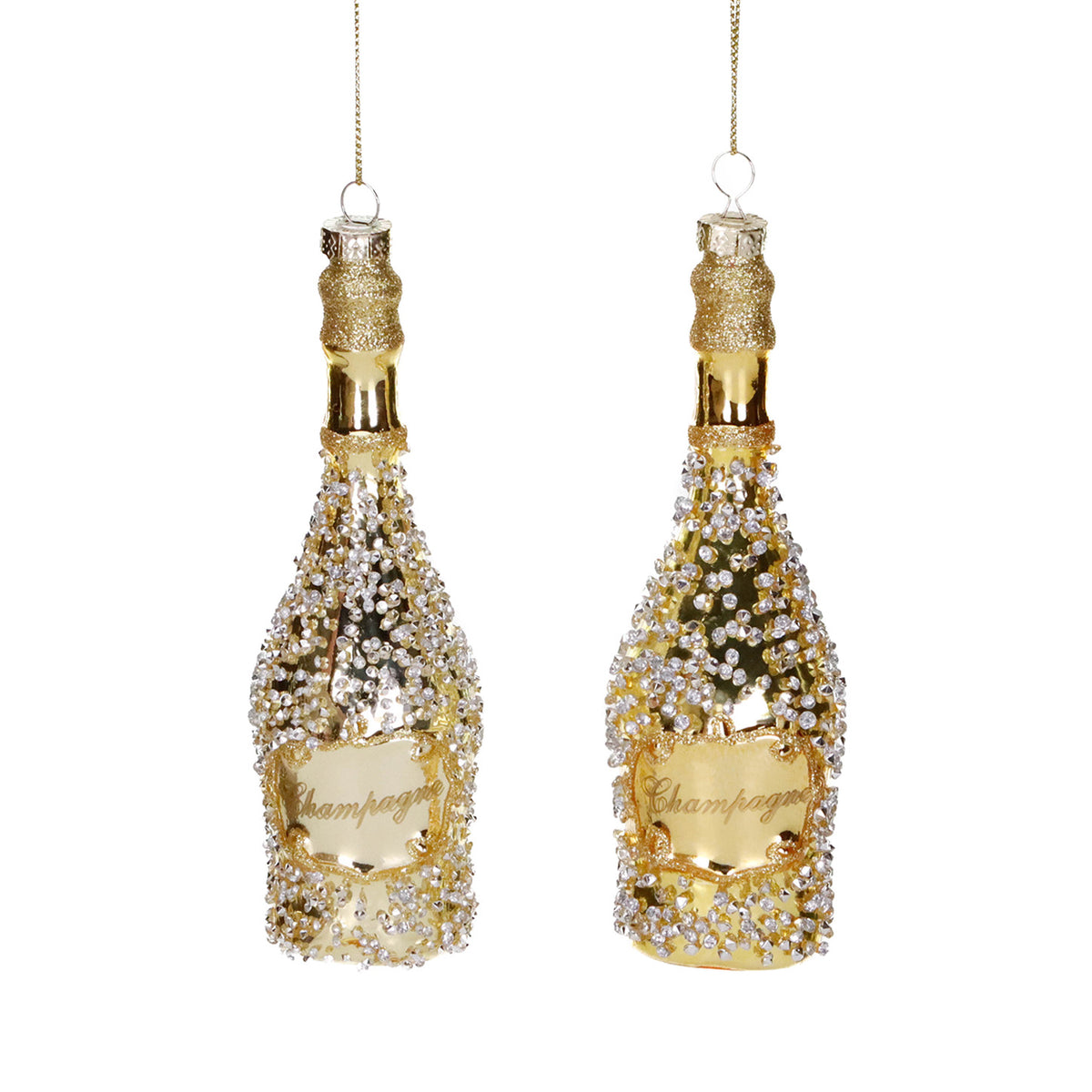 Set 2 ornamente sticle de șampanie din sticlă cu mărgele, șampanie/auriu, 15 cm
