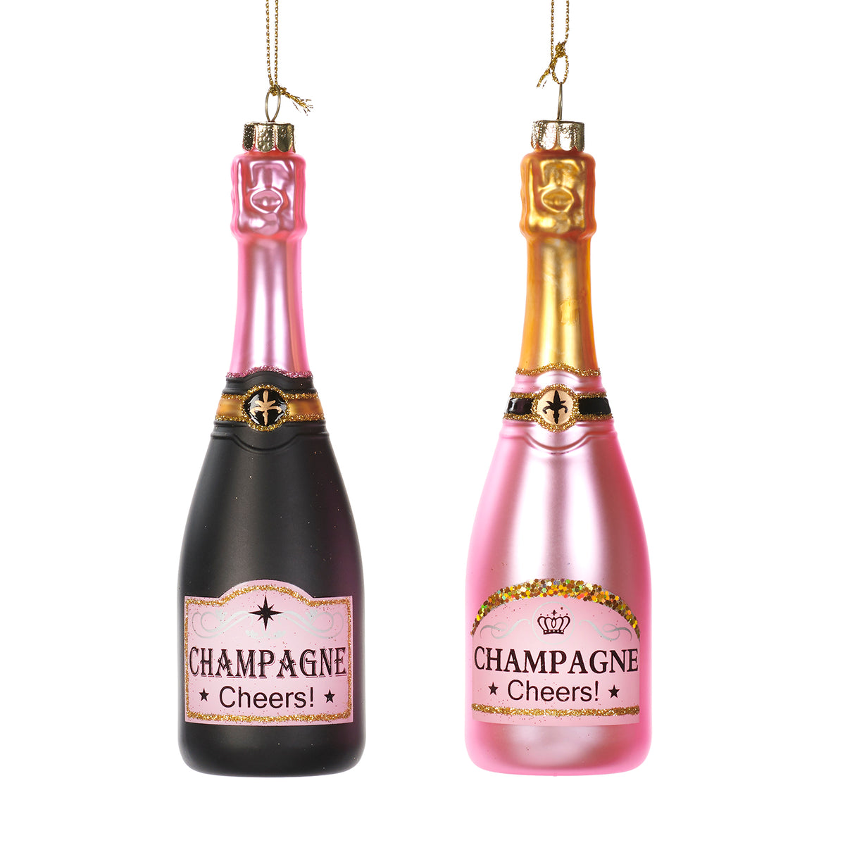 Set 2 ornamente sticle de șampanie din sticlă, negru/roz, 16 cm