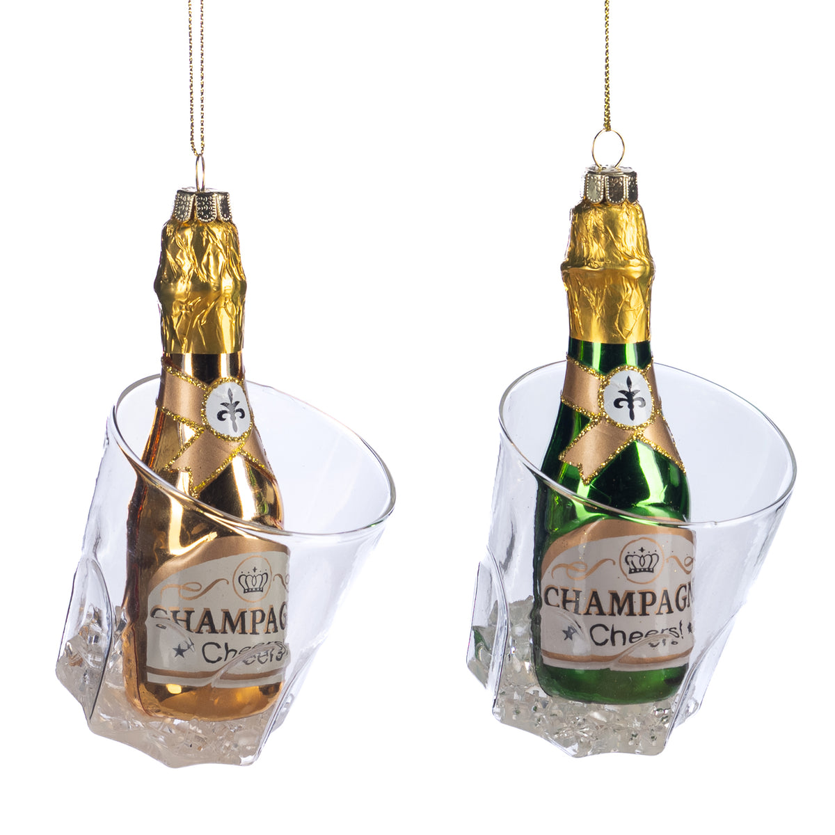 Set 2 ornamente sticle de șampanie în găleată, din sticlă, auriu/verde, 12 cm
