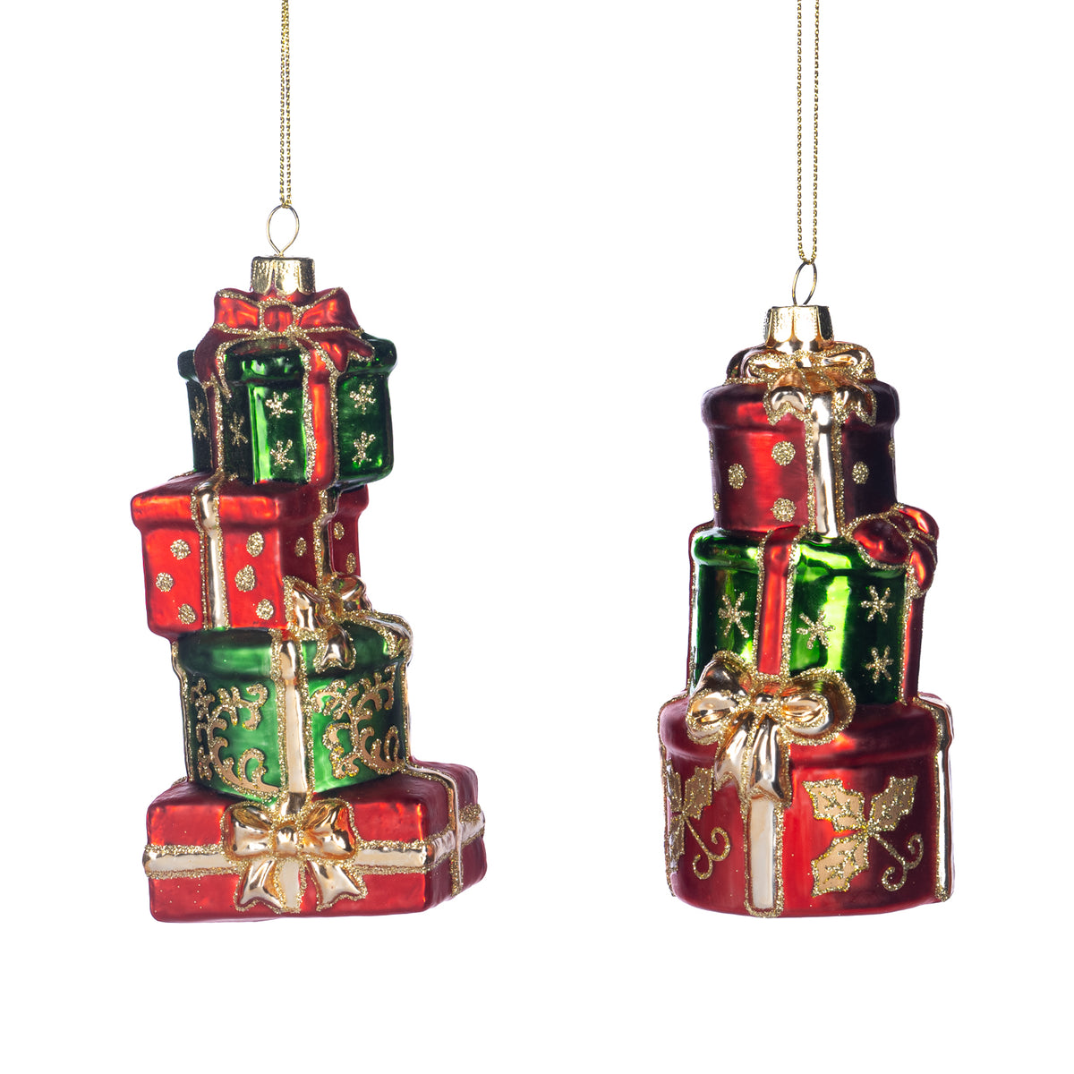 Set 2 ornamente stive de cutii cadou din sticlă, verde/roșu/auriu, 12 cm