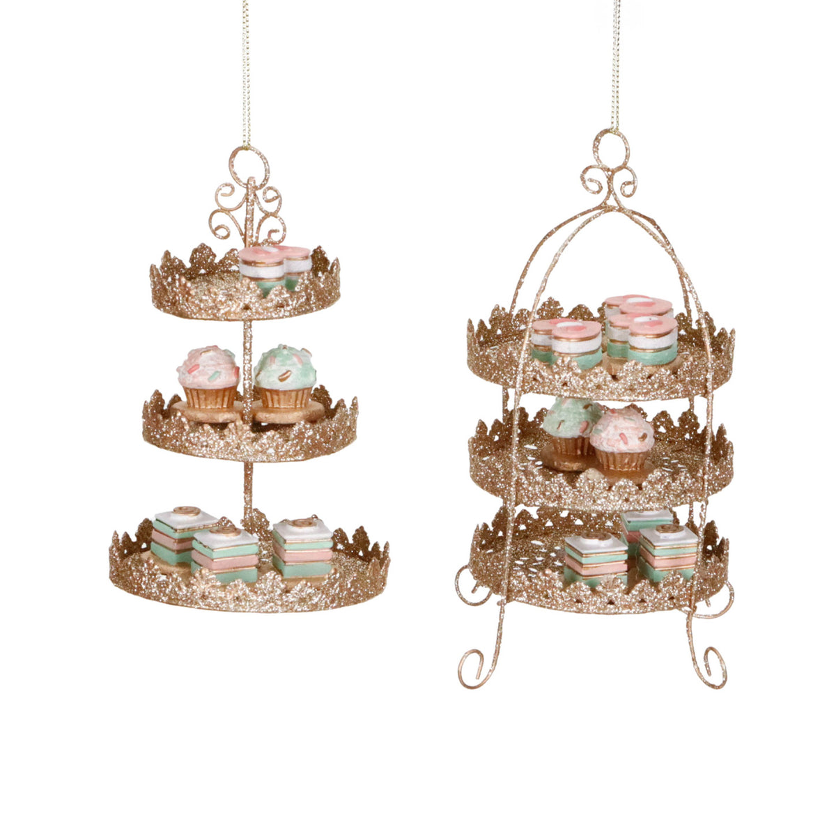 Set 2 ornamente suport de prăjituri pentru ceai, din sârmă metalică, auriu, 16 cm