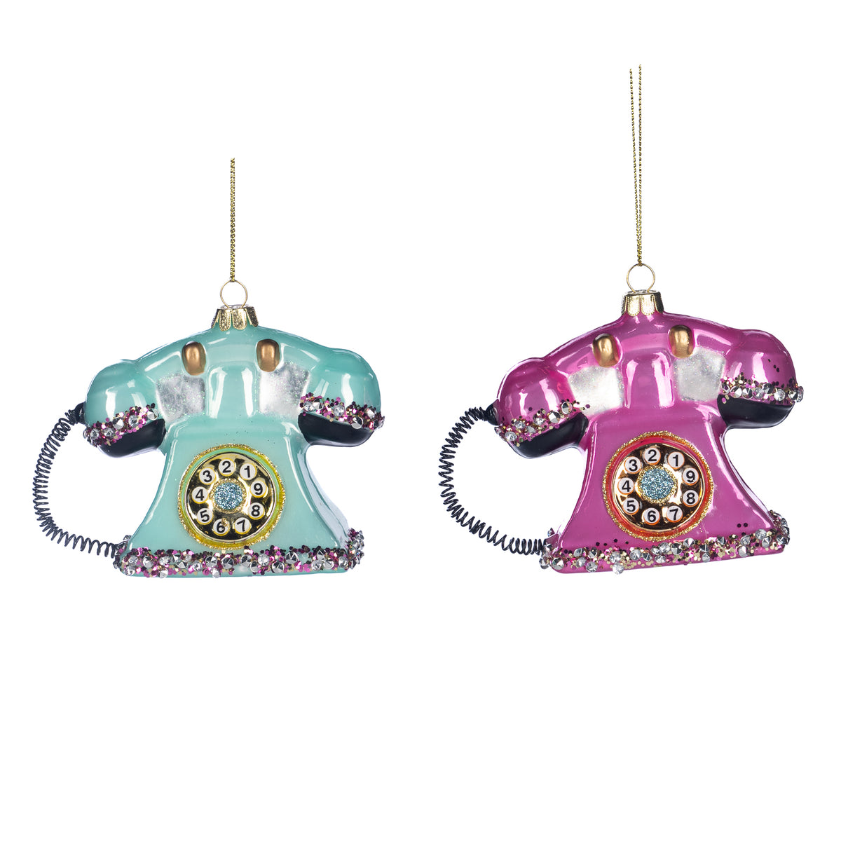 Set 2 ornamente telefon din sticlă cu pietre, roz/albastru/verde, 10 cm