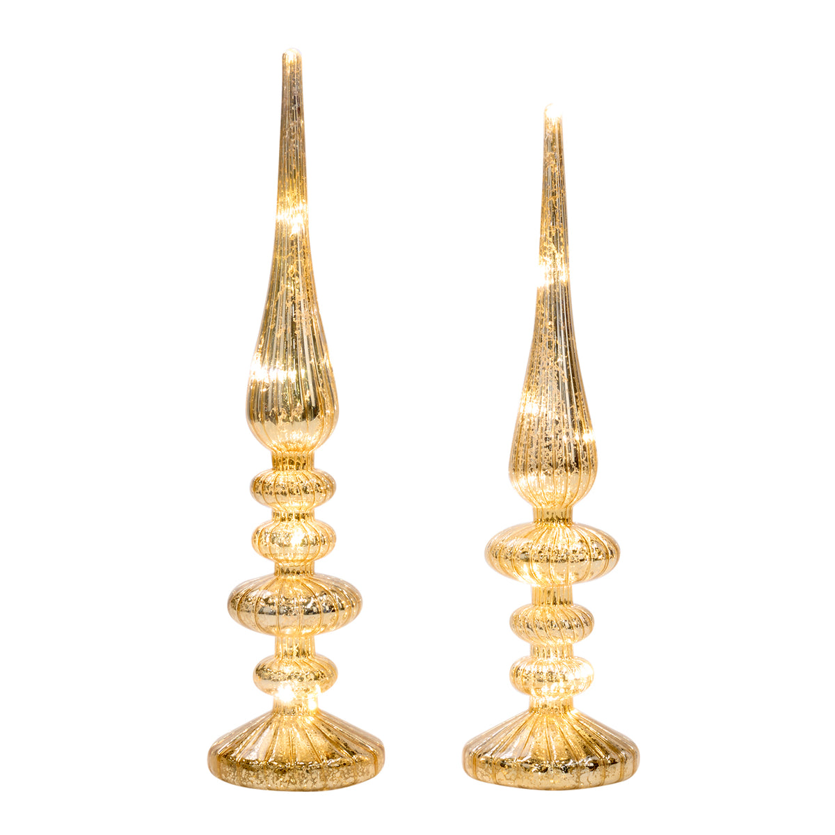 Set 2 ornamente tip vârf din sticlă, cu LED, auriu, 41/48 cm