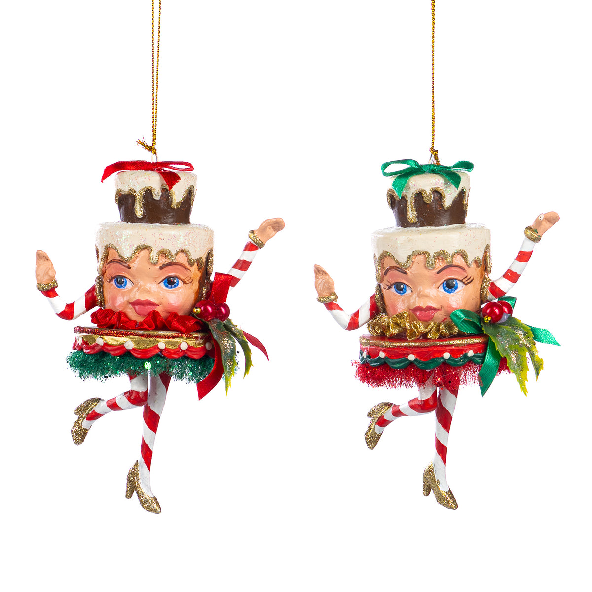 Set 2 ornamente tort etajat de Crăciun, roșu/verde, 13 cm