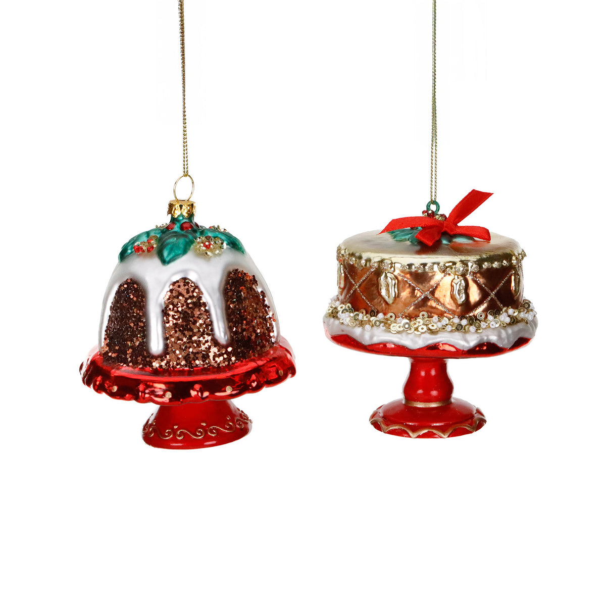 Set 2 ornamente tort și budincă pe suport, din sticlă, roșu, 10 cm