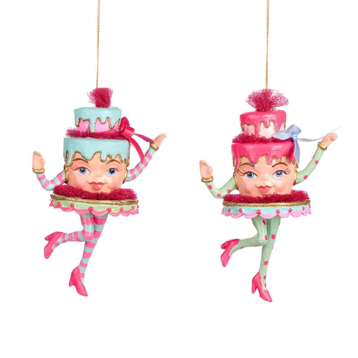 Set 2 ornamente torturi cu etaje, roz/albastru, 13 cm
