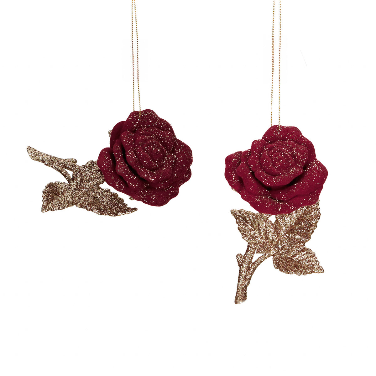 Set 2 ornamente trandafiri flocați cu sclipici, roșu/burgund/auriu, 12 cm