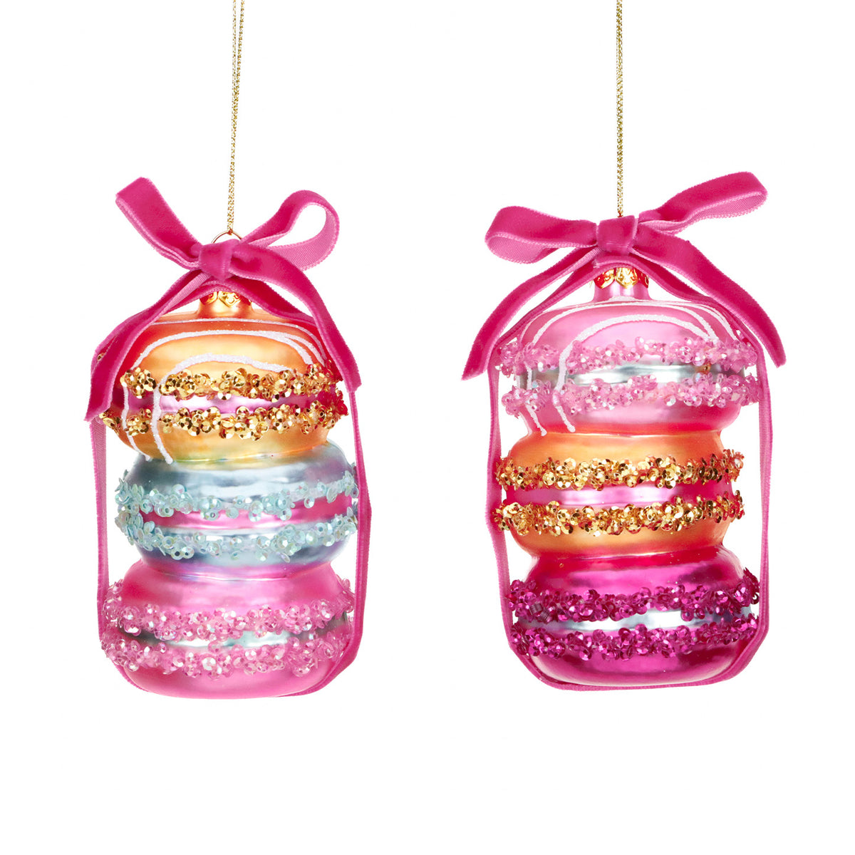 Set 2 ornamente turn de macarons din sticlă, roz/albastru/galben, 11,5 cm