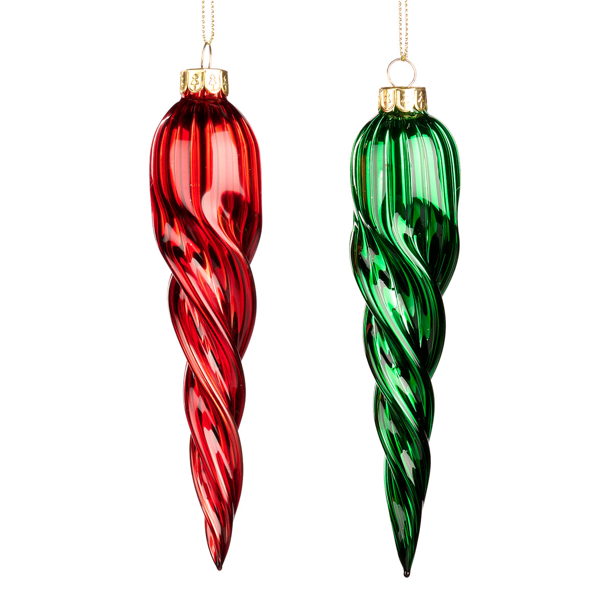 Set 2 ornamente țurțuri răsuciți din sticlă, roșu/verde, 16 cm