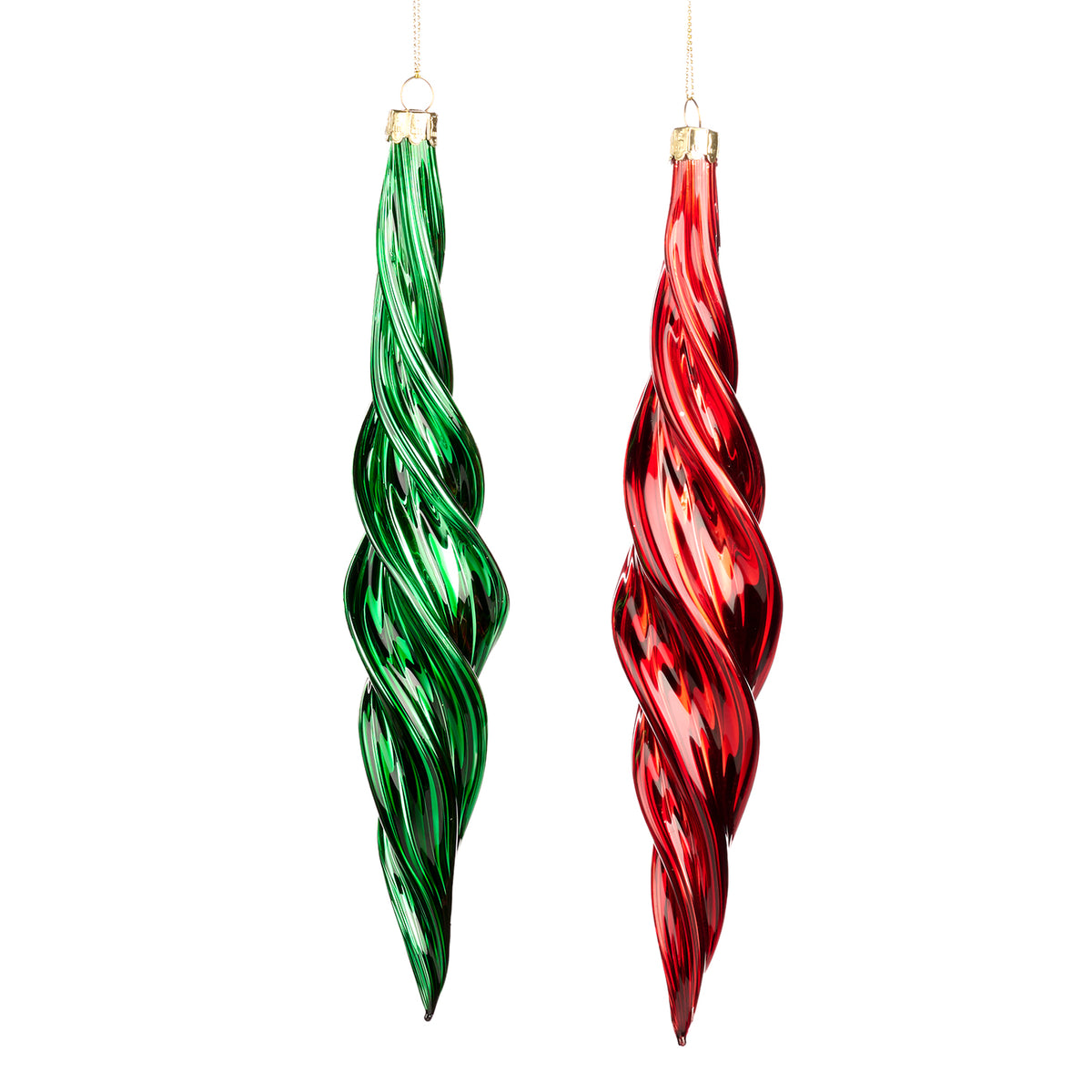 Set 2 ornamente țurțuri răsuciți din sticlă, verde/roșu, 24 cm