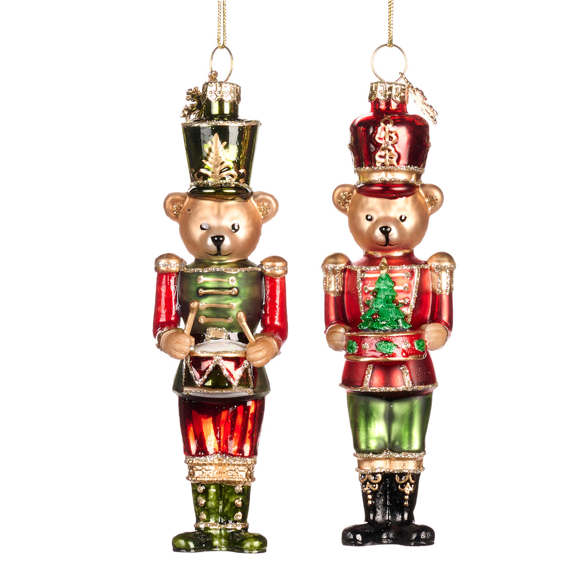 Set 2 ornamente urși spărgători de nuci din sticlă, roșu/verde, 21,5 cm