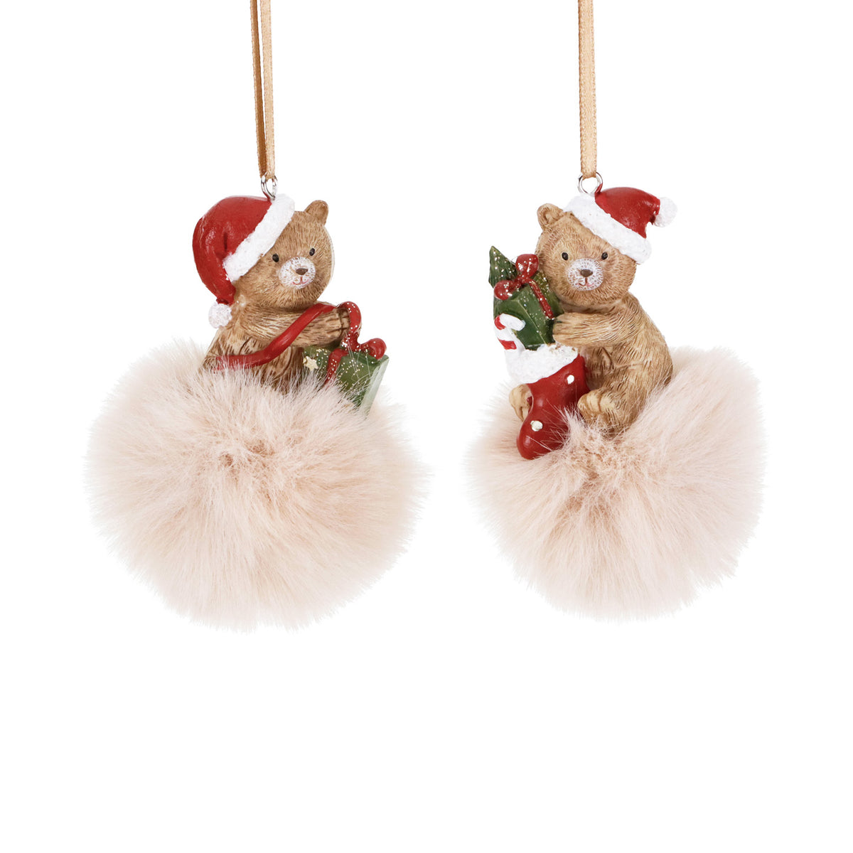 Set 2 ornamente ursuleți din blăniță pe glob, crem/roșu, 8 cm