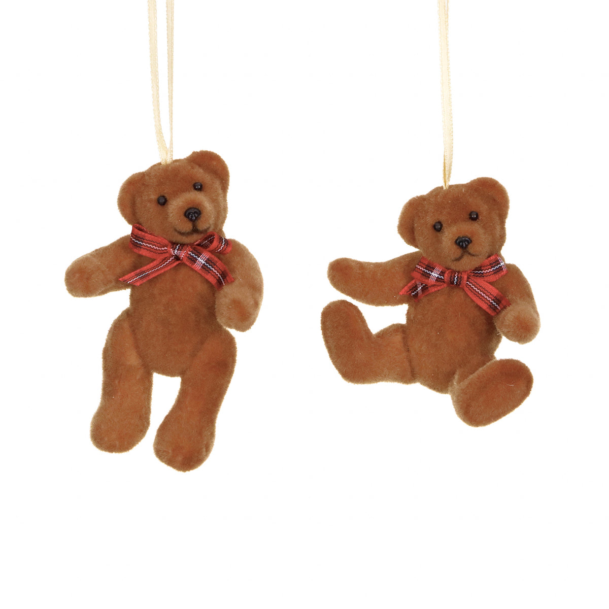 Set 2 ornamente ursuleți flocați cu fundă, maro/roșu, 9 cm