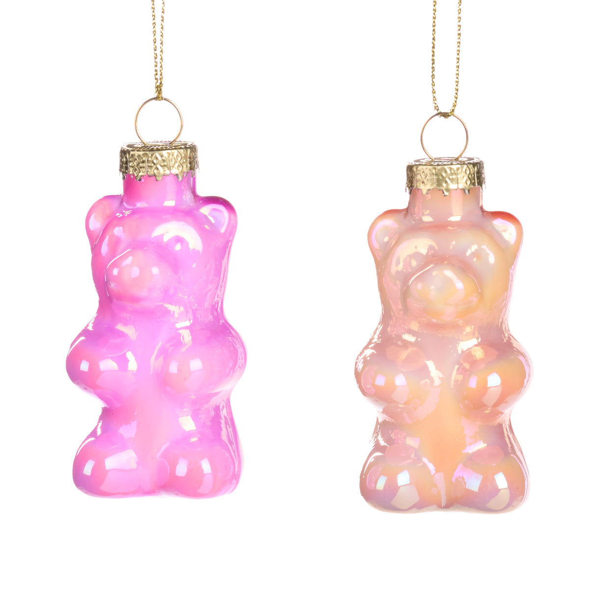 Set 2 ornamente ursuleți gumați din sticlă irizată, roz, 7 cm