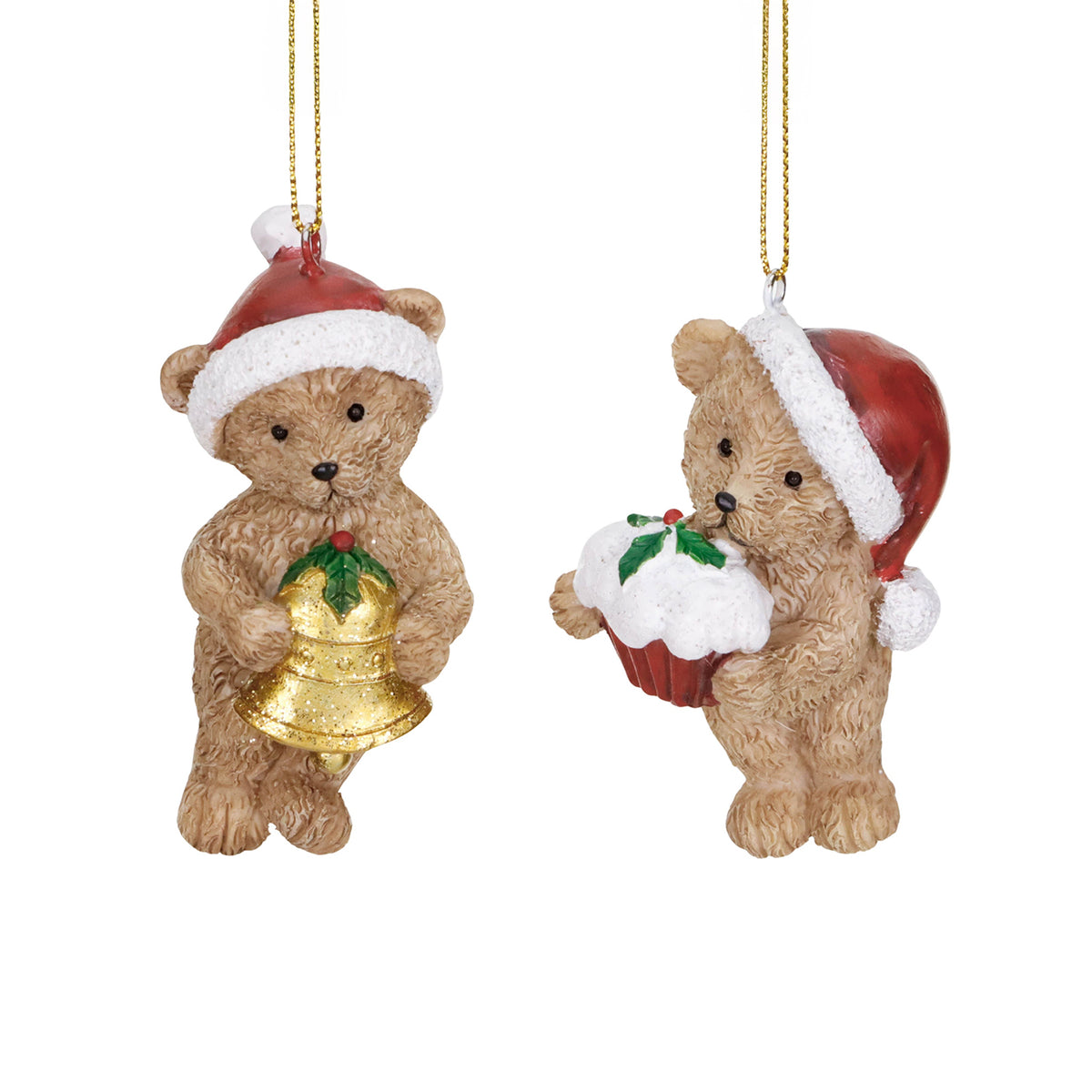 Set 2 ornamente ursuleți, unul cu tort, unul cu clopoțel, maro/roșu, 7,5 cm