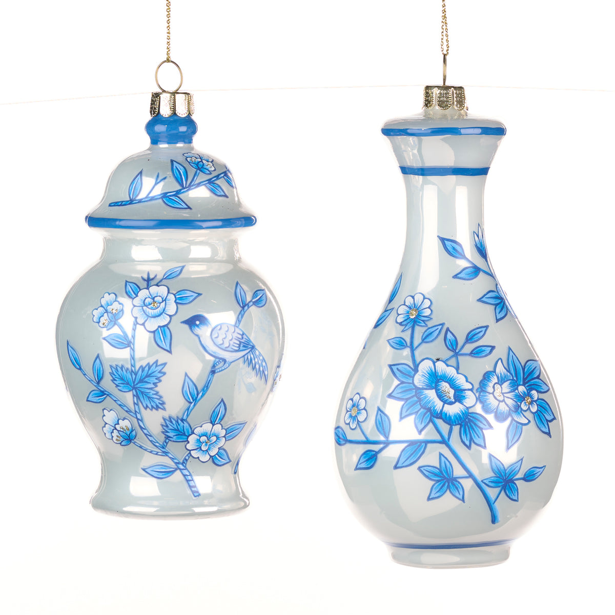 Set 2 ornamente vază cu flori din sticlă, alb/albastru, 12,5 cm