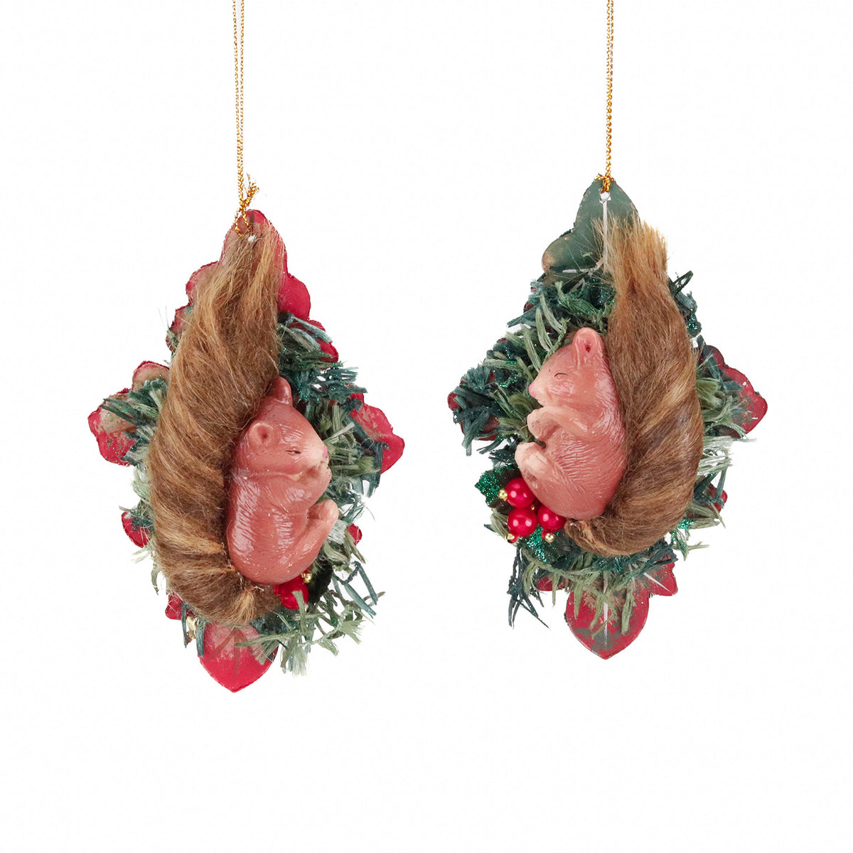 Set 2 ornamente veverițe de culcare într-o frunză, 11,5 cm