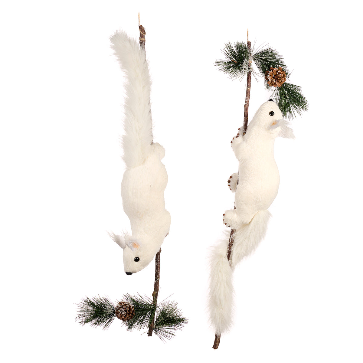 Set 2 ornamente veverițe din blăniță care se cațără pe o crenguță, albe, 75 cm