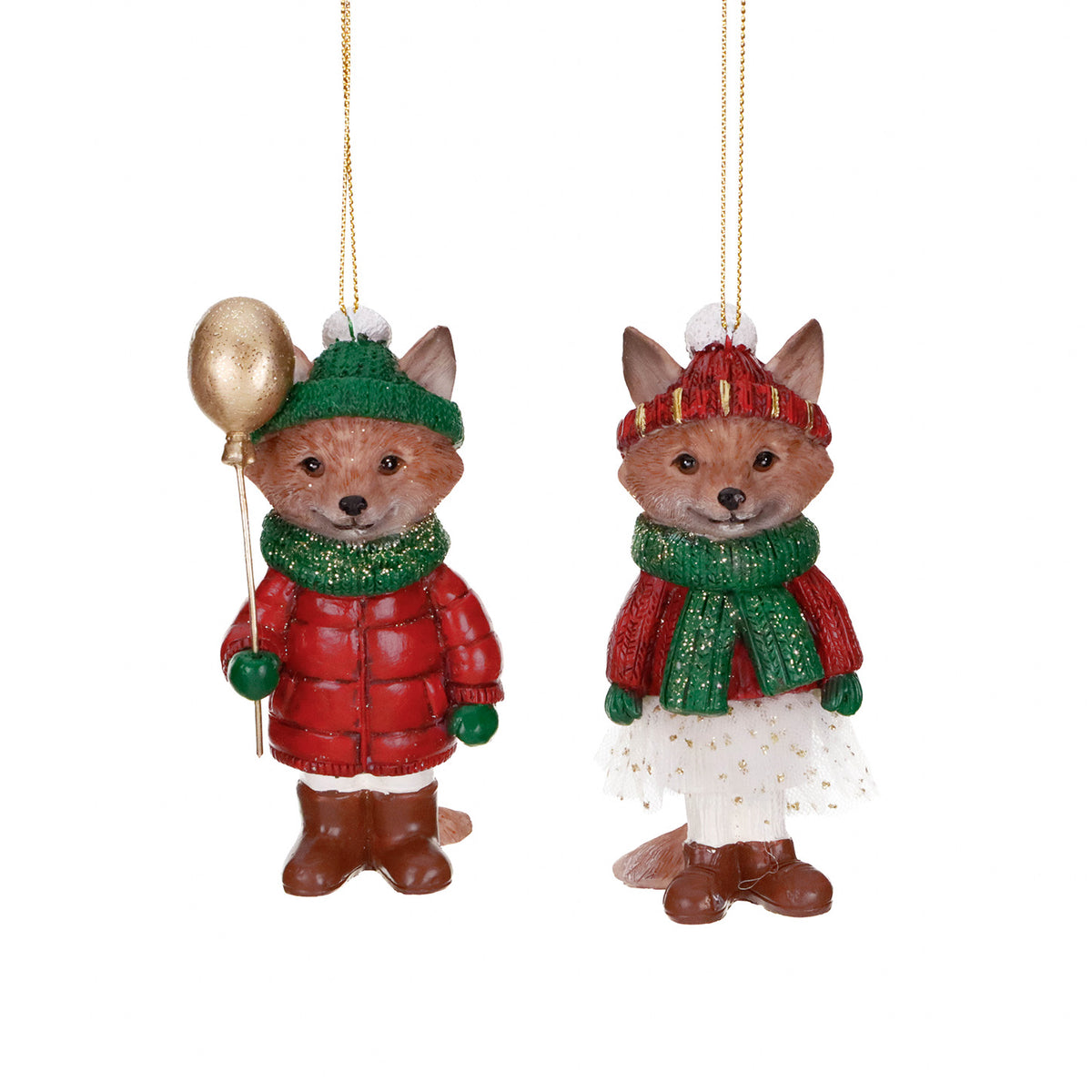 Set 2 ornamente vulpițe de iarnă din tul, băiat și fată, roșu/verde, 10 cm